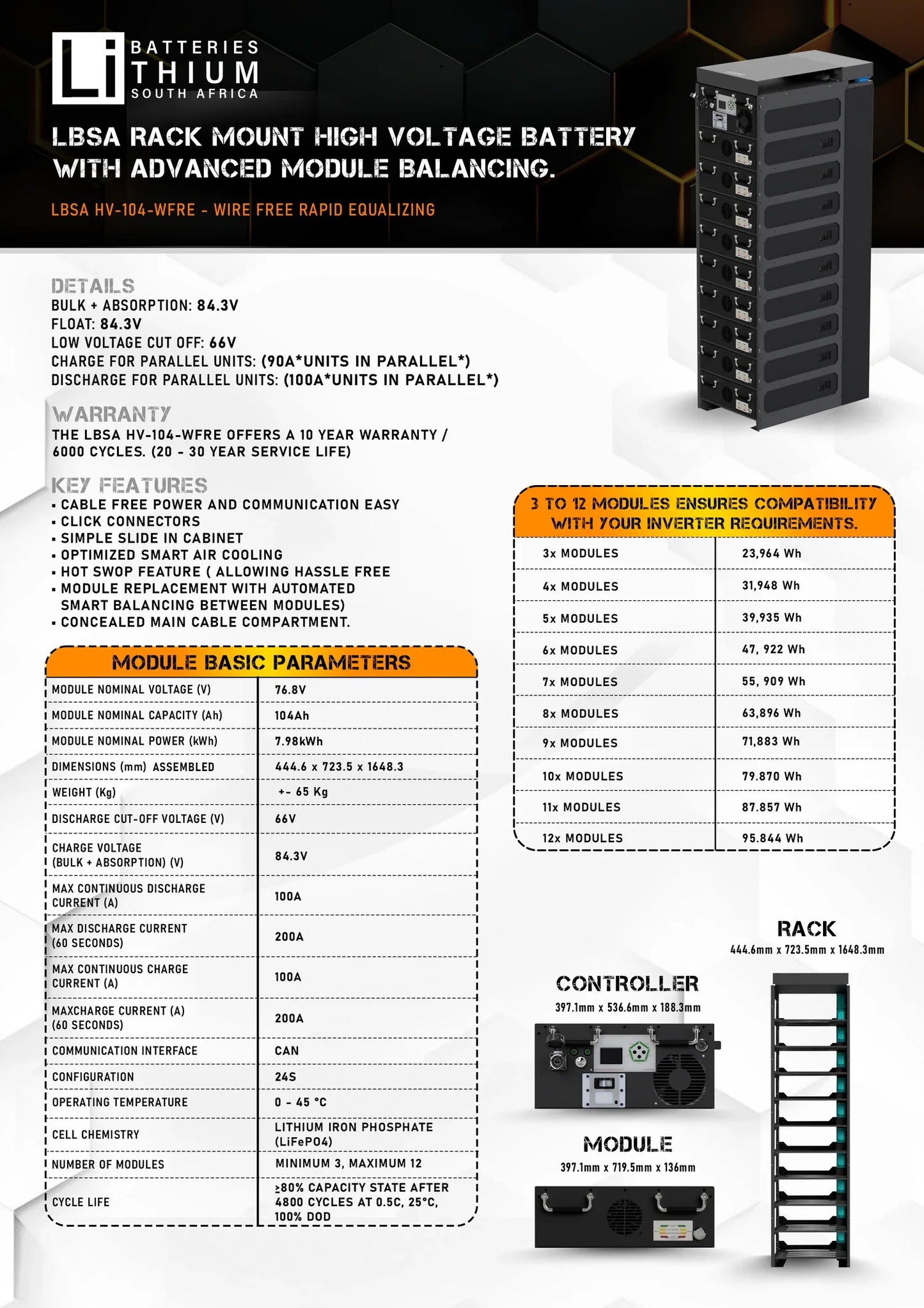 New White 691V 104Ah 71.8kWh LBSA WFRE High Voltage Battery
